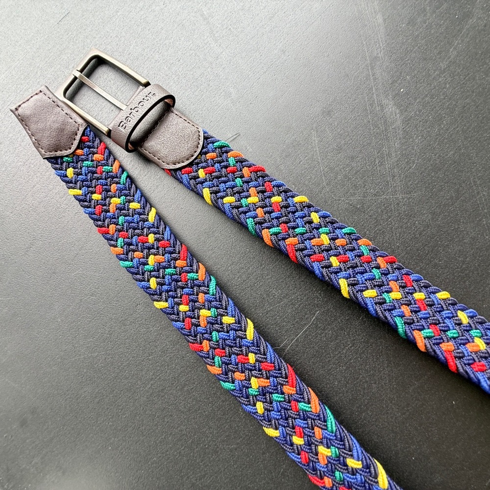 Barbour Mens Woven Stretch Belt Multicolor Navy Blue Red Yellow Green Braided